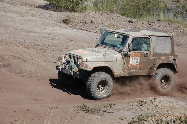 stock image Jeep Wrangler at offroad rally competition