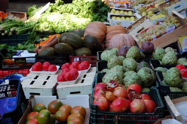 Fresh vegetables and fruits at a farmer's market clipart