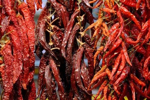 Piros chili paprika, a La Boqueria piac, Barcelona, Spanyolország — Stock Fotó