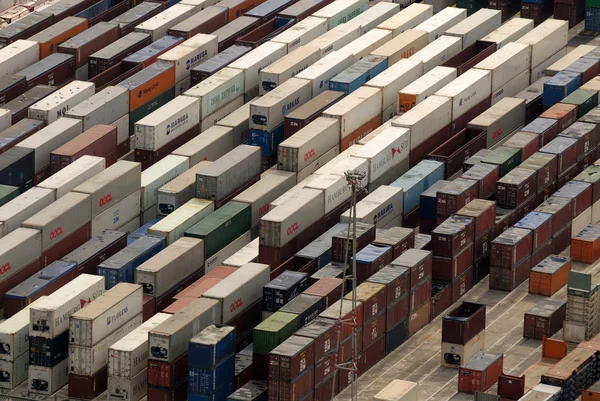 Aerial shot of containers at port — Stok fotoğraf