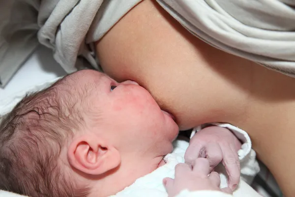 Bebé recién nacido primera lactancia materna —  Fotos de Stock