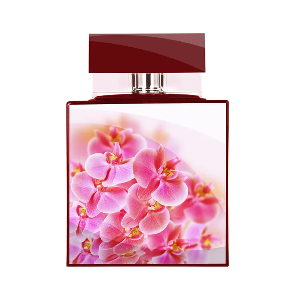 Perfume de flor das mulheres em bela garrafa isolada no fundo branco — Fotografia de Stock