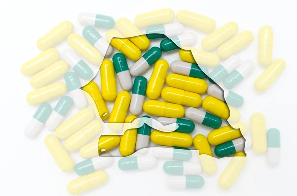 Konturkarta över senegal med piller i bakgrunden för hälsa en — Stockfoto