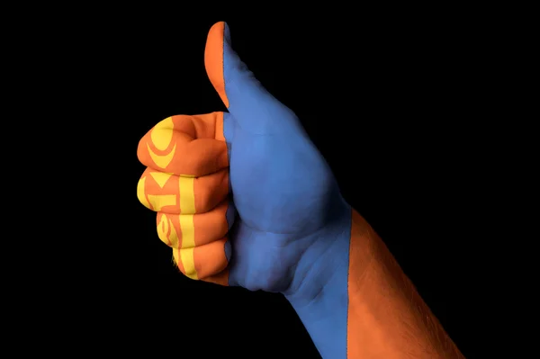 Mongolia national flag thumb up gesture for excellence and achie — Stock Photo, Image