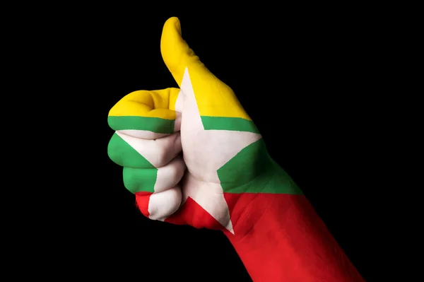 Myanmar national flag thumb up gesture for excellence and achiev — Stock Photo, Image