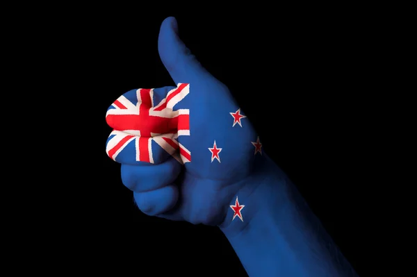 Nationale vlag van Nieuw-Zeeland duim omhoog gebaar naar uitmuntendheid en ac — Stockfoto