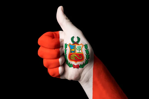 Peru national flag thumb up gesture for excellence and achieveme — Stock Photo, Image