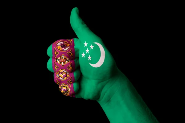 Turkmenistan national flag thumb up gesture for excellence and a — Stock Photo, Image