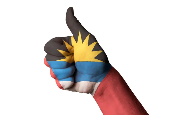 Nationale vlag van Antigua barbuda duim omhoog gebaar voor uitmuntendheid een — Stockfoto