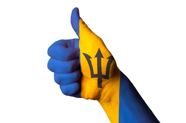 Barbados nationale vlag duim omhoog gebaar naar uitmuntendheid en achie — Stockfoto