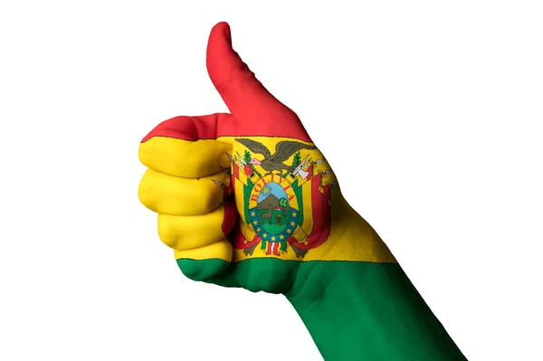 Εθνική σημαία Βολιβίας αντίχειρα επάνω χειρονομία για αριστεία και τα — Φωτογραφία Αρχείου