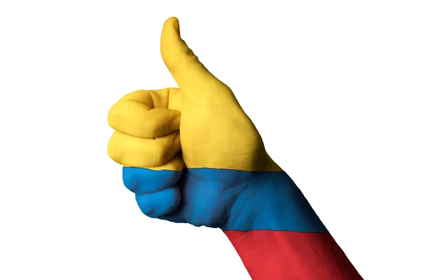 Colômbia bandeira nacional polegar gesto para cima para a excelência e achie — Fotografia de Stock