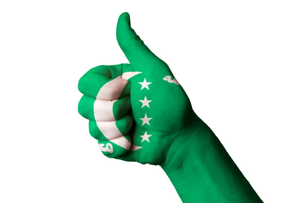 Bandera Nacional de Comoras pulgar hacia arriba gesto de excelencia y achiev —  Fotos de Stock