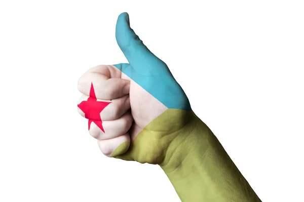 Djibuti flagi narodowej o kciuk gest do doskonałości i achiev — Zdjęcie stockowe