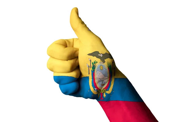 Drapeau national de l'Équateur pouce levé geste pour l'excellence et achiev — Photo