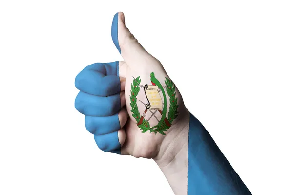Guatemala national flag thumb up gesture for excellence and achi — Stock Photo, Image