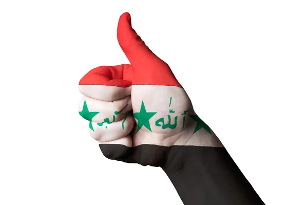 Flaga Iraku kciukiem do góry gest do doskonałości i IĘCIA — Zdjęcie stockowe