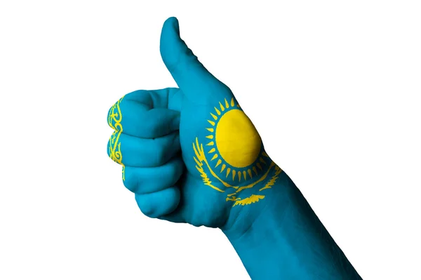 Kazakhstan national flag thumb up gesture for excellence and ach — Stock Photo, Image