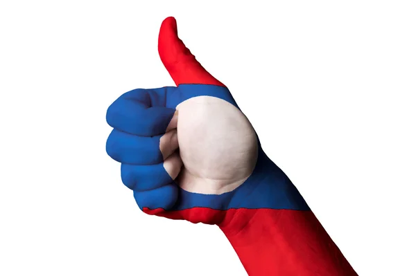Laos national flag thumb up gesture for excellence and achieveme — Stock Photo, Image