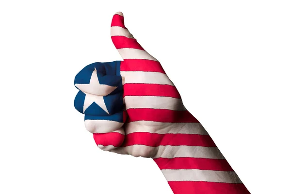 Liberia bandera nacional pulgar hacia arriba gesto de excelencia y achiev —  Fotos de Stock