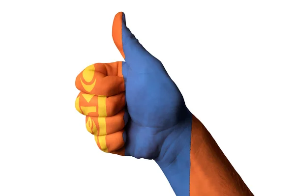 Національний прапор Монголії великий палець вгору жест до досконалості і досяг — стокове фото