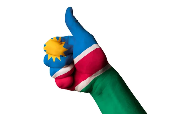 Nationale vlag van Namibië duim omhoog gebaar naar uitmuntendheid en circu — Stockfoto