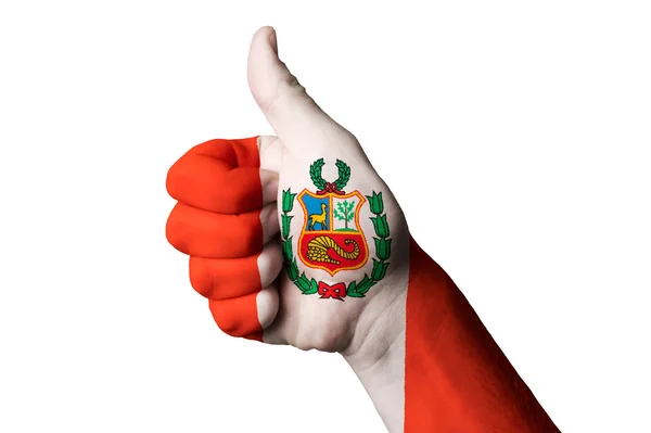 Peru bandeira nacional polegar gesto para cima para a excelência e alcançar — Fotografia de Stock