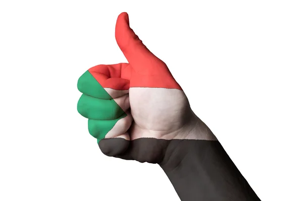 Sudan nationale Flagge Daumen hoch Geste für Exzellenz und erreicht — Stockfoto