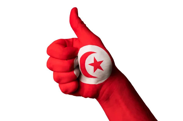 Flaga Tunezji kciukiem do góry gest do doskonałości i achiev — Zdjęcie stockowe