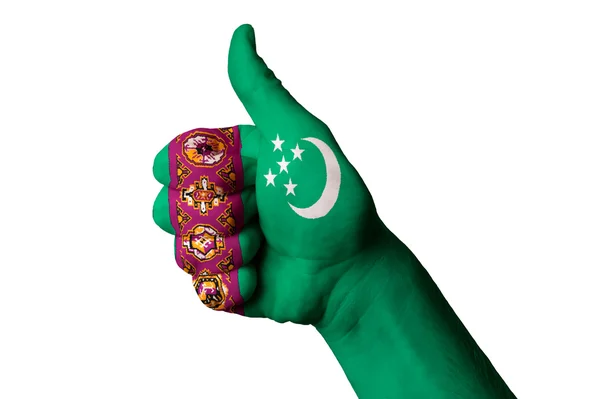 Turkmenistan national flag thumb up gesture for excellence and a — Stock Photo, Image