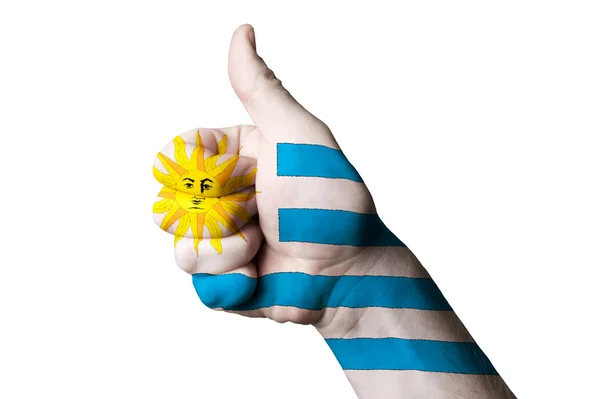 Bandera Nacional de Uruguay pulgar hacia arriba gesto de excelencia y achiev —  Fotos de Stock