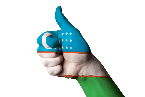 Özbekistan Milli bayrak başparmak yukarı hareketi için mükemmellik ve ach — Stok fotoğraf