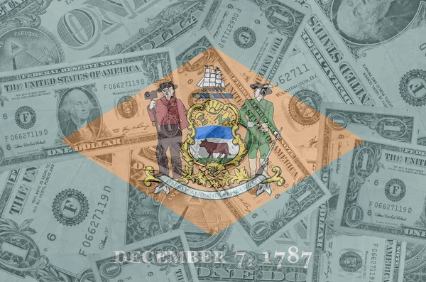 US state of delaware flag with transparent dollar banknotes in b — Stock Photo, Image