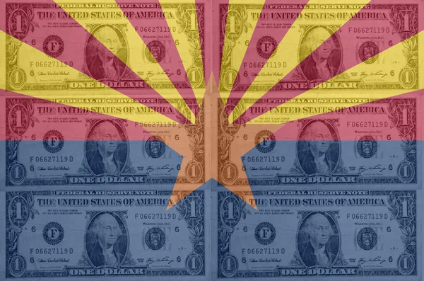 US state of arizona flag with transparent dollar banknotes in ba — Stock Photo, Image