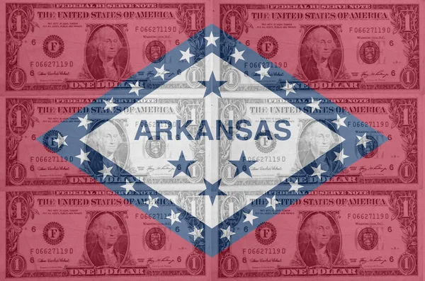US state of arkansas flag with transparent dollar banknotes in b — Stock Photo, Image