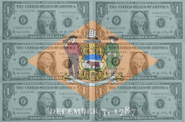 US state of delaware flag with transparent dollar banknotes in b — Stock Photo, Image