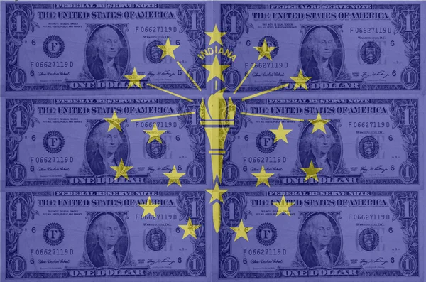Drapeau de l'État américain de l'Indiana avec billets en dollars transparents en ba — Photo