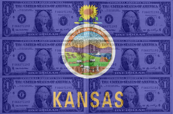 US state of kansas flag with transparent dollar banknotes in bac — Stock Photo, Image