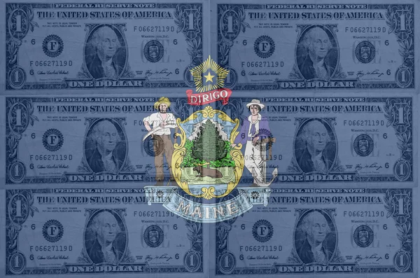 US state of maine flag with transparent dollar banknotes in back — Stock Photo, Image