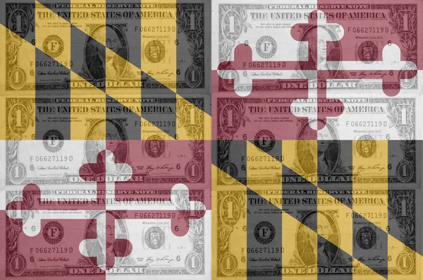 Bandera del estado estadounidense de Maryland con billetes en dólares transparentes en b —  Fotos de Stock