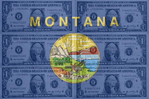 US state of montana flag with transparent dollar banknotes in ba — Stock Photo, Image
