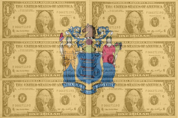 Estado de la bandera de Nueva Jersey con billetes en dólares transparentes en Estados Unidos — Foto de Stock