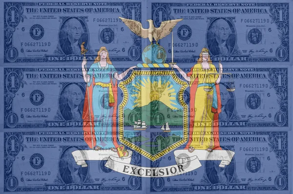 Stato americano della bandiera newyorkese con banconote in dollari trasparenti in b — Foto Stock