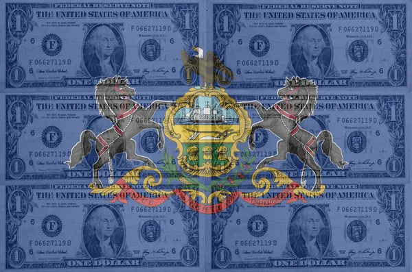 US state of pennsylvania flag with transparent dollar banknotes — Stock Photo, Image