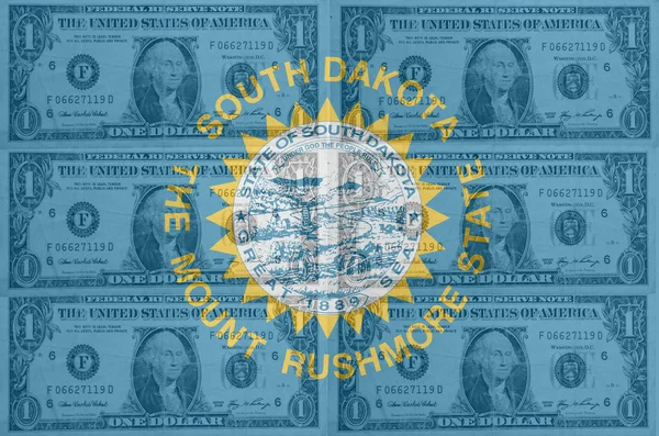 Bizi Güney dakota eyalet bayrağı ile şeffaf dolarlık banknotlar — Stok fotoğraf