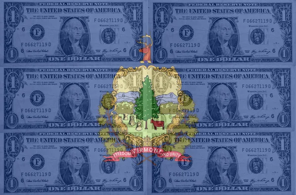US state of vermont flag with transparent dollar banknotes in ba — Stock Photo, Image