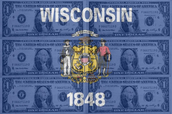US state of wisconsin flag with transparent dollar banknotes in — Stock Photo, Image