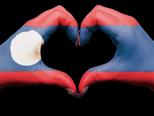 Laos bayrağı bilgisiyle için kalp ve sevgi jest ellerinizle renkli — Stok fotoğraf