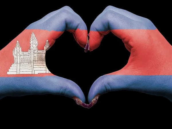 Cœur et geste d'amour par les mains colorées dans le drapeau cambodia pour — Photo