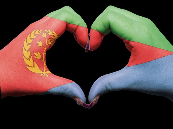 Καρδιά και αγάπη χειρονομία από χέρια χρωματισμένη με σημαία της Ερυθραίας για του — Φωτογραφία Αρχείου